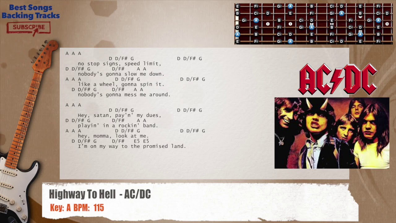🎸 Highway To Hell - AC/DC Guitar Backing Track with chords and lyrics