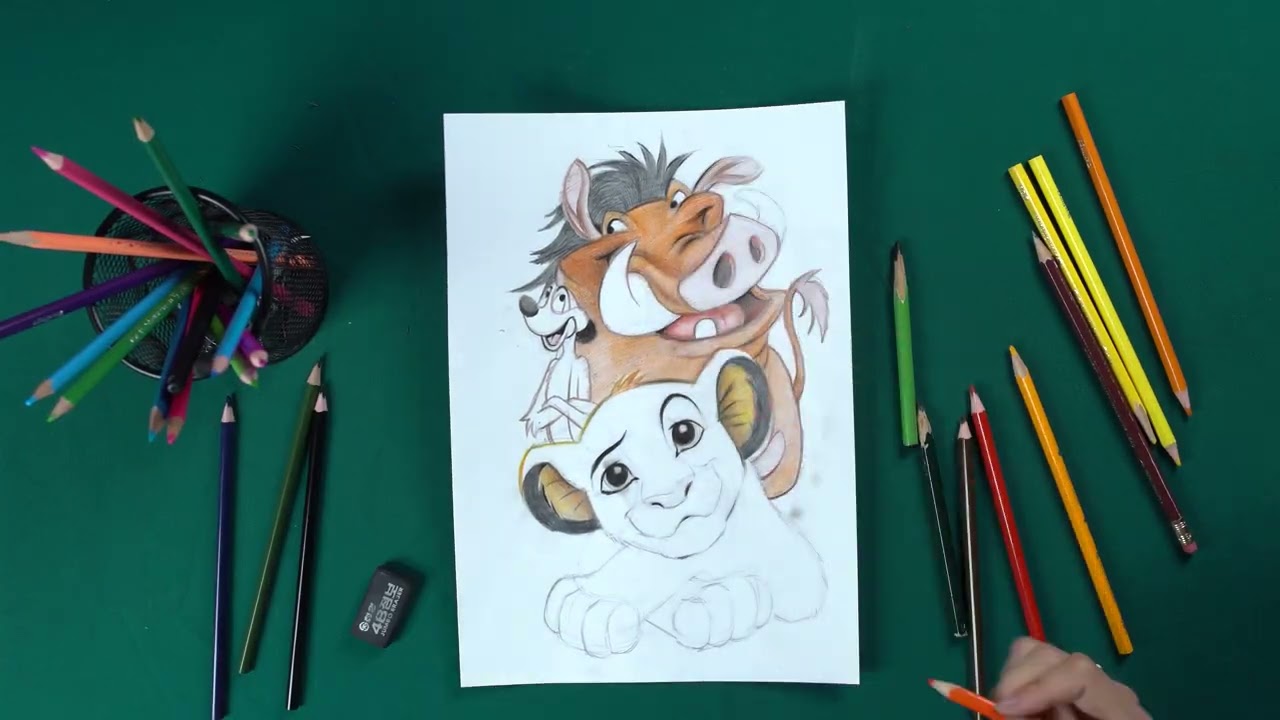 Simba, Timon & Pumbaa Drawing | Pencil & Color Tutorial