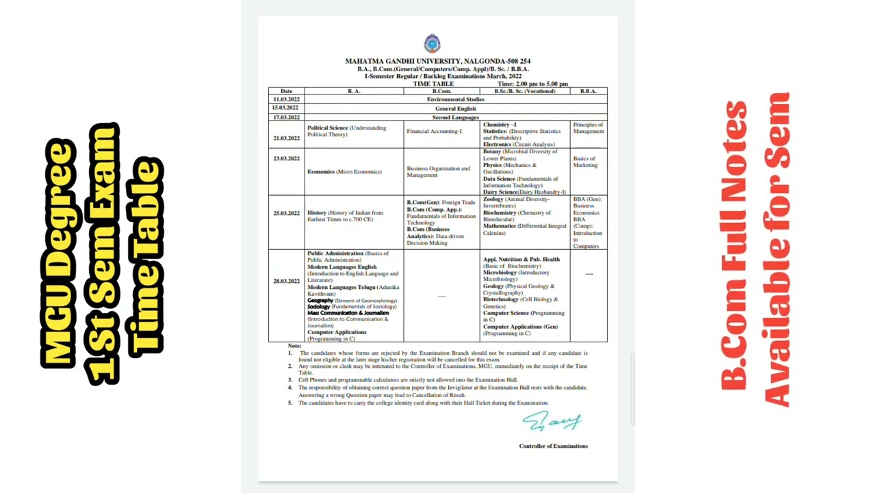 Mahatma Gandhi University Degree UG 1st Semester Regular Examination Time Table 2022 March