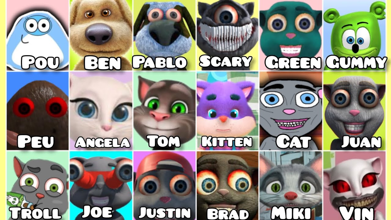 All Games About Talking Animals, Pou, Ben, pablo, Scary, Green, Gummy, Peu, Angela, Tom, Juan, Joe..