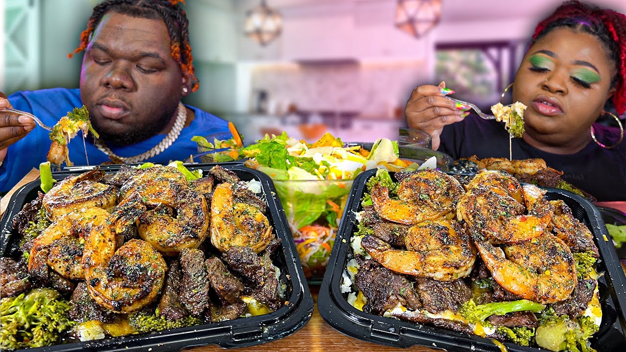 MAKE THIS TONIGHT! MASSIVE STEAK AND SHRIMP LOADED BAKED POTATOES!! MUKBANG EATING SHOW!!