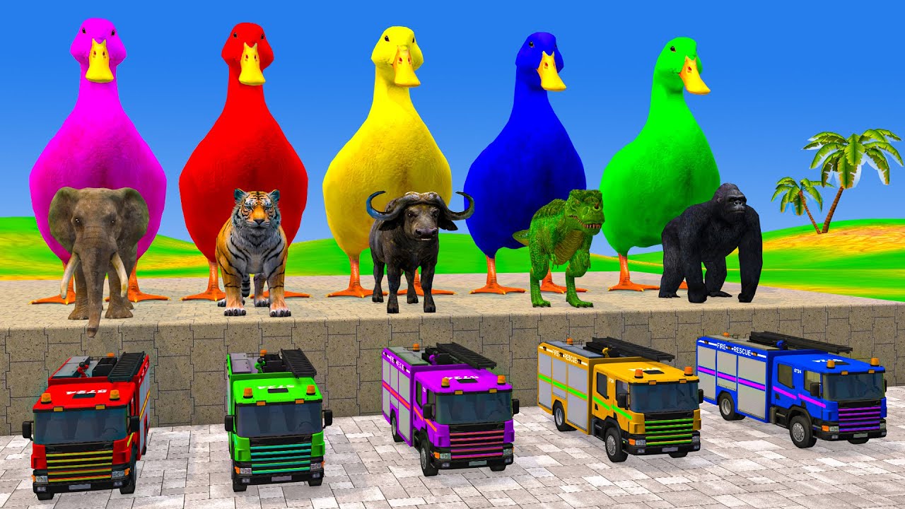 Long Slide Game With Cow Elephant Gorilla Hippopotamus Tiger - 3d Animal Game - Funny 3d Animals