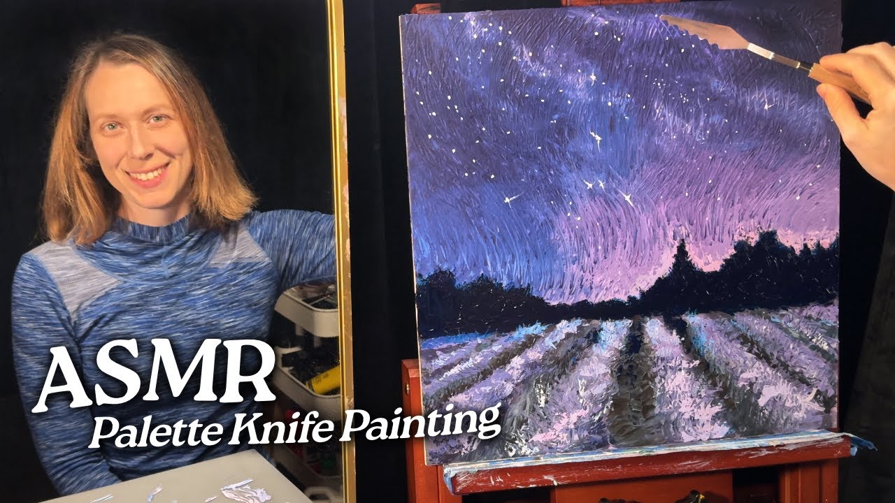 ASMR Palette Knife Painting: Lavender Field Under the Stars (Soft Spoken, 2 Hours)