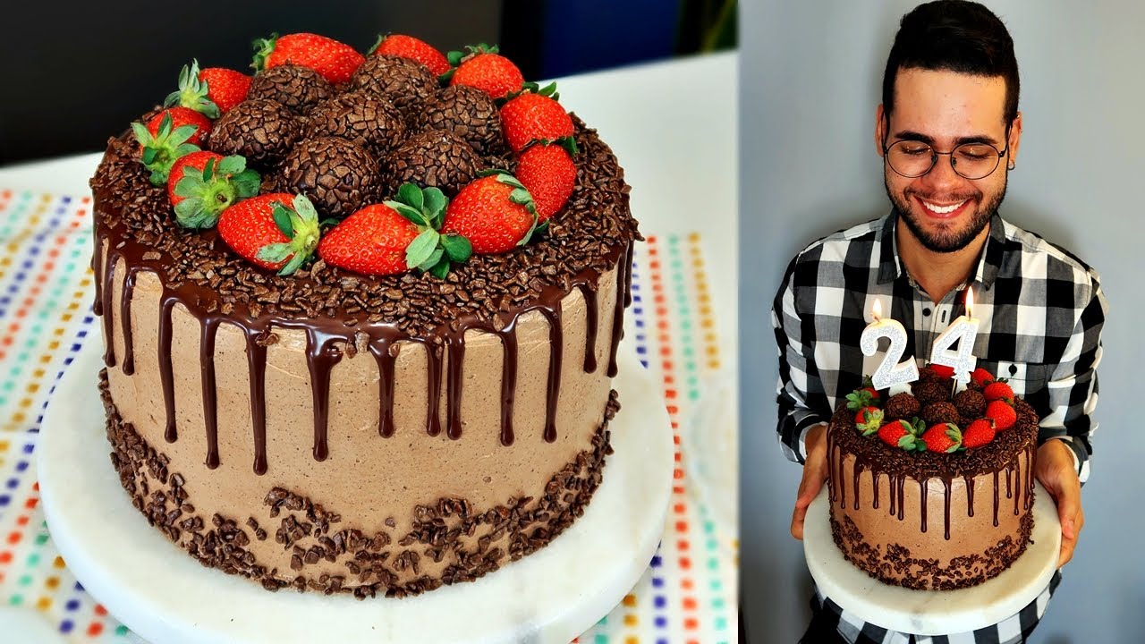 BOLO TENTAÇÃO DE CHOCOLATE COM MORANGOS DO MEU ANIVERSÁRIO | BOLO DE FESTA