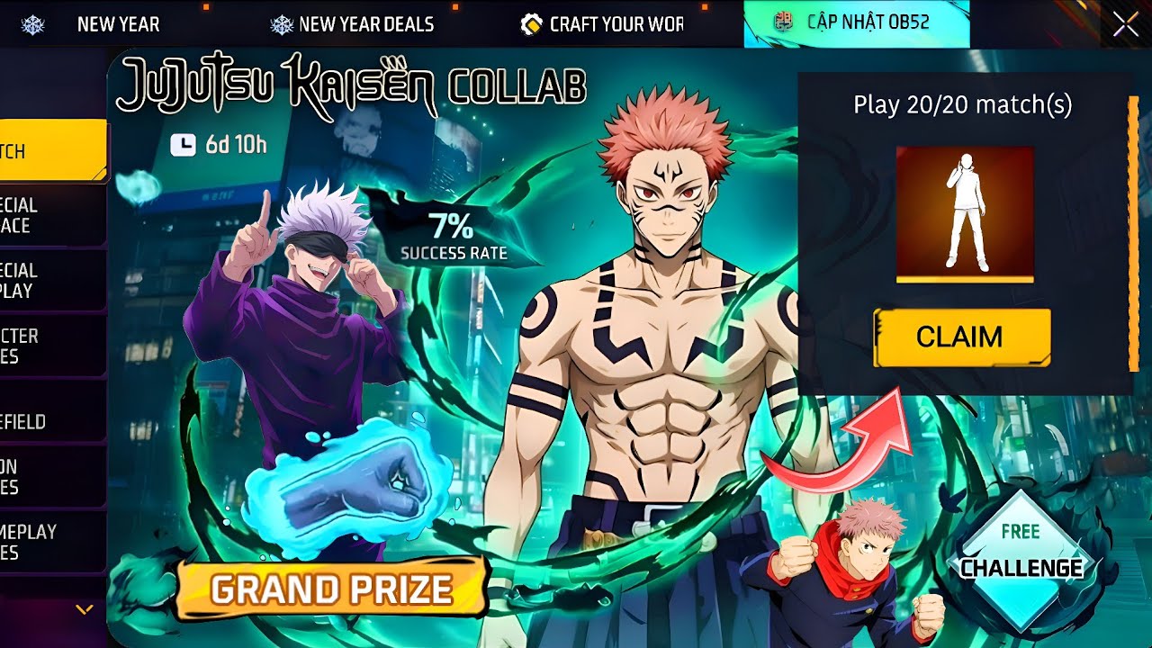 JJK EVENT ALL FREE REWARDS 🥳 FF NEW EVENT TODAY 🤯 OB 52 UPDATE 😱 GOJO SKILL TEST GARENA FREE FIRE 🔥🔥