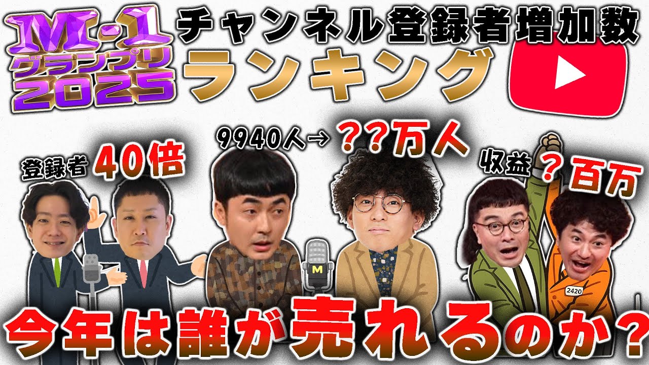 【データ分析】M-1ファイナリスト達のチャンネル登録者の増加数ランキングとその他のデータを徹底解説