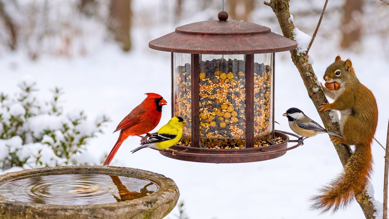 🔴 LIVE SNOWY Bird Feeder 24/7 | ❄️Cardinals, Blue Jays & Squirrels ❄️ Sleep, Relax