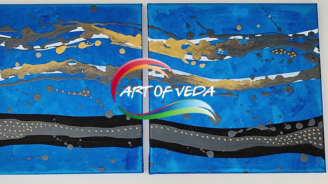 Paint on several canvases - An abstract in blue and gold - M&aring;la abstrakt p&aring; fler tavlor