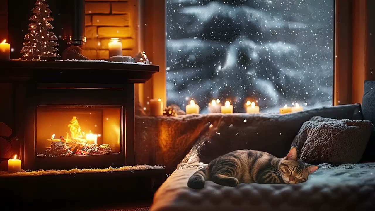 Cozy Winter Fireplace Night ❄️ Sleeping Cat & Snowfall Outside the Window