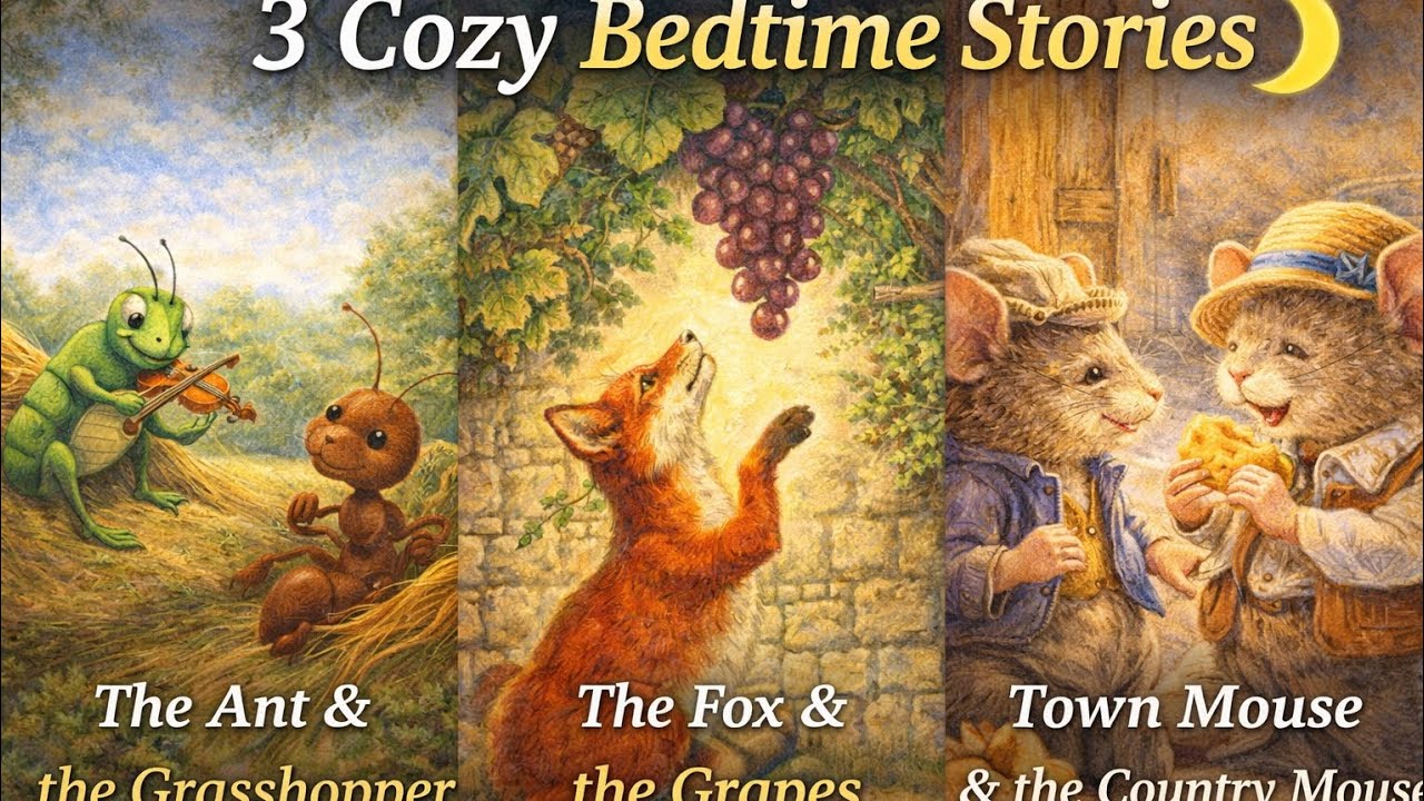3 Cozy Bedtime Stories for Kids 🌙 | Ant & Grasshopper, Fox & Grapes, Town & Country Mouse