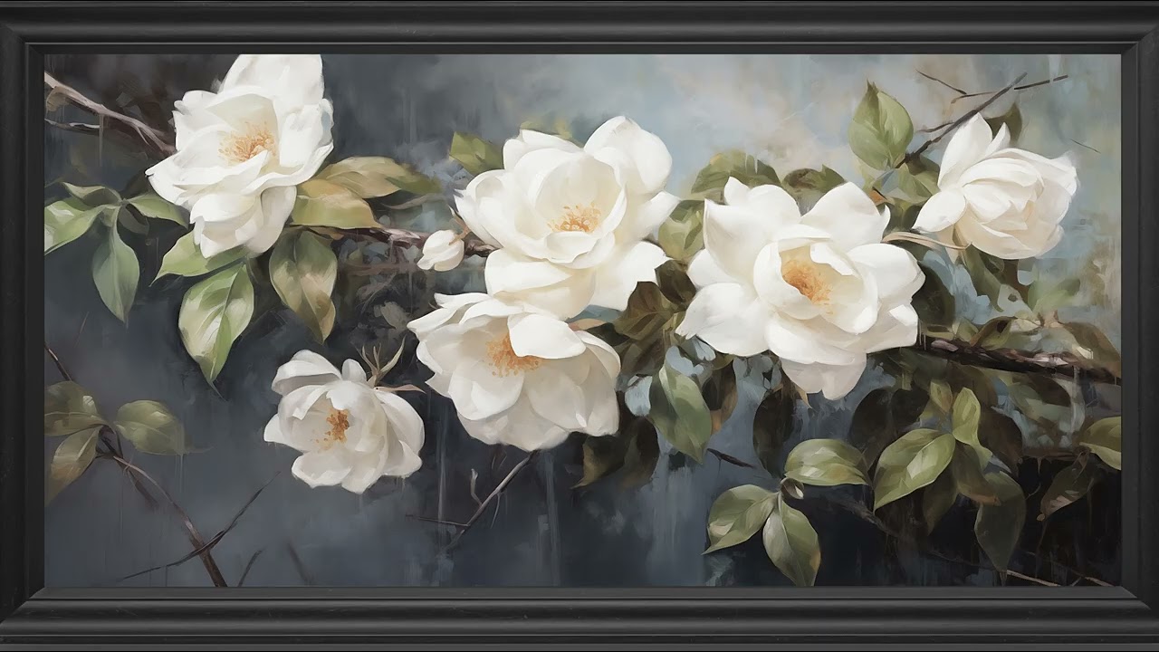 Vintage White Roses Painting | Black Frame TV Art | Art Screensaver for TV | 2 Hrs