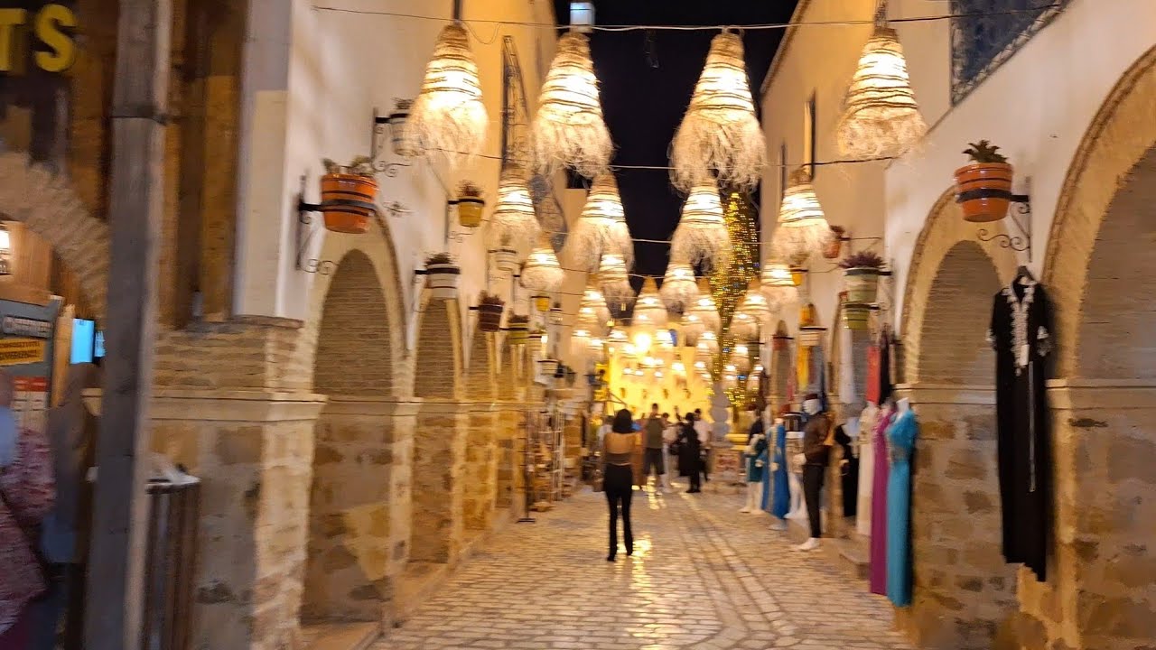4k Medina Yasmine Hammamet by night walking tour Tunisia جولة داخل مدينة ياسمين الحمامات تونس 