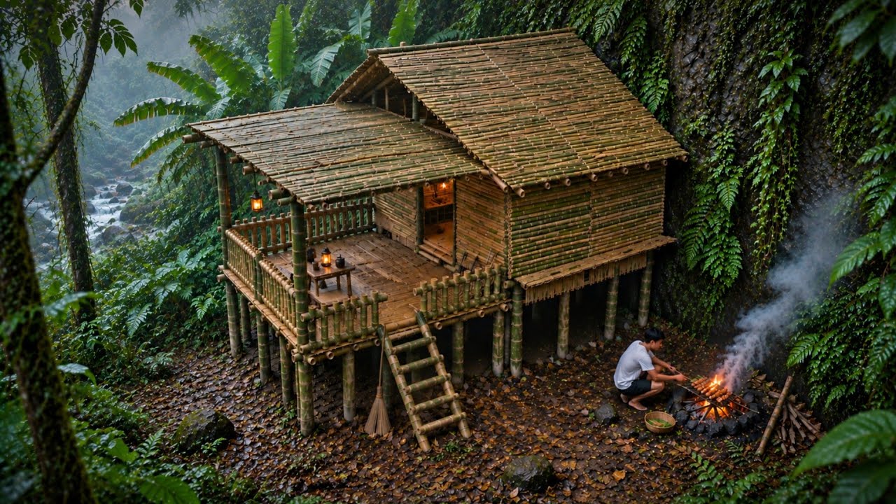 7 Days Solo Camping in the Tropical Rainforest | Building a Massive Shelter & Finding Food