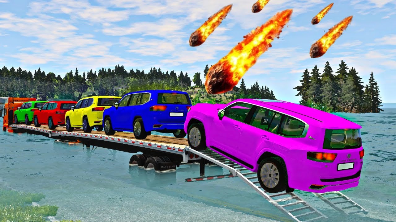 Triple Flatbed Trailer McQueen Transportation with Truck - Speedbumps vs Cars vs Train - BeamNG #26