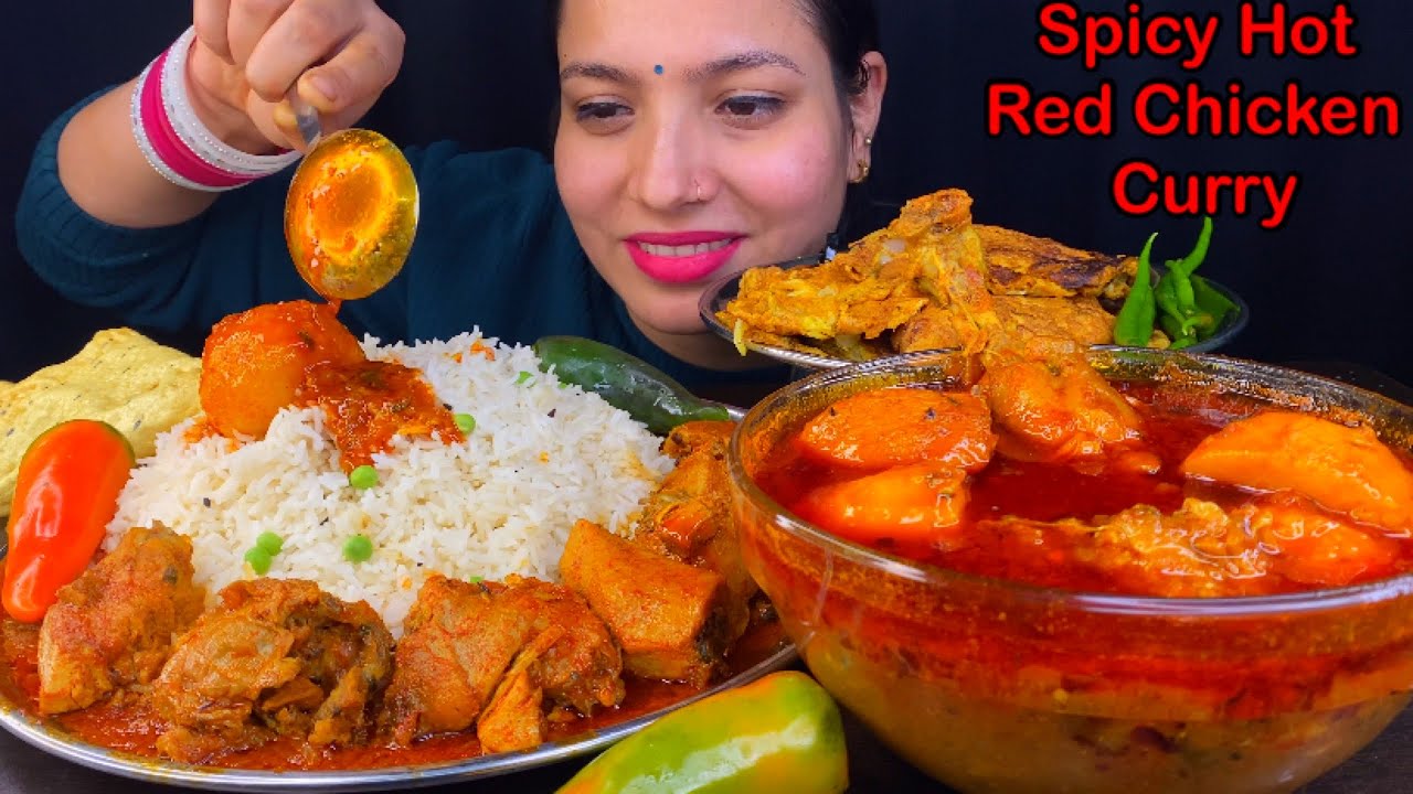Eating Spicy🔥 Lal Murgir Jhol ( Chicken Curry) Matar Pulao, Masala Omlette Chilli Mukbang ASMR