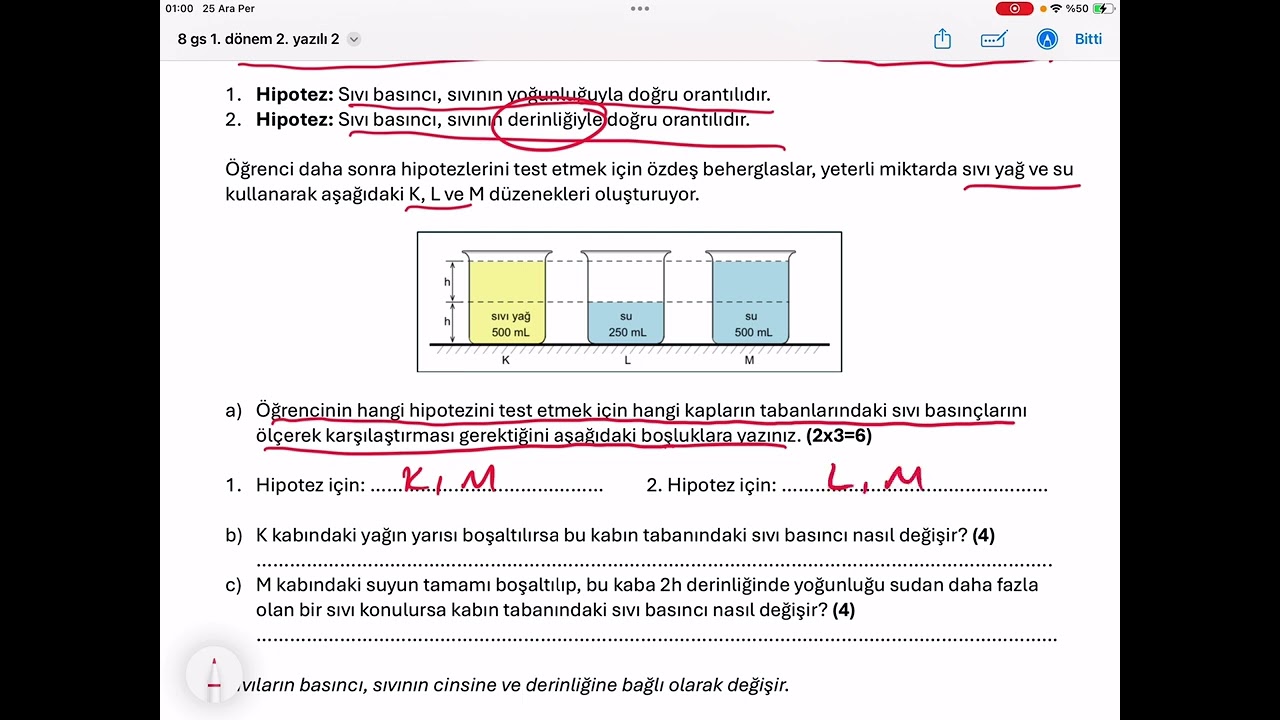 8. Sınıf 1. Dönem 2. Yazılı soruları sıvı basıncı