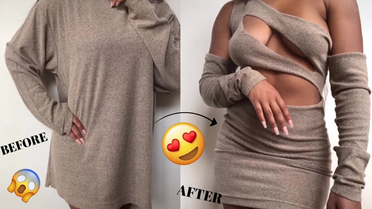 OVERSIZED SWEATER TO SEXY CUT OUT DRESS! | THRIFTED TRANSFORMATION VIDEO | UPCYCLING CLOTHES