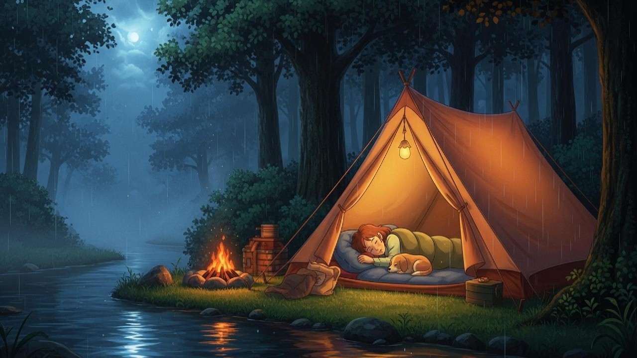 Moonlit Rain by the Riverside Tent 🌙🌧️ Deep Sleep Campfire Ambience | 安眠睡眠用BGM · 숙면 수면유도