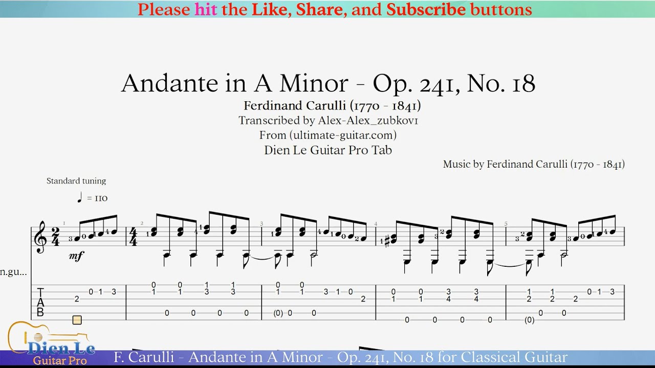 F. Carulli - Andante in A Minor - Op. 241, No. 18 for Classical Guitar with Tab