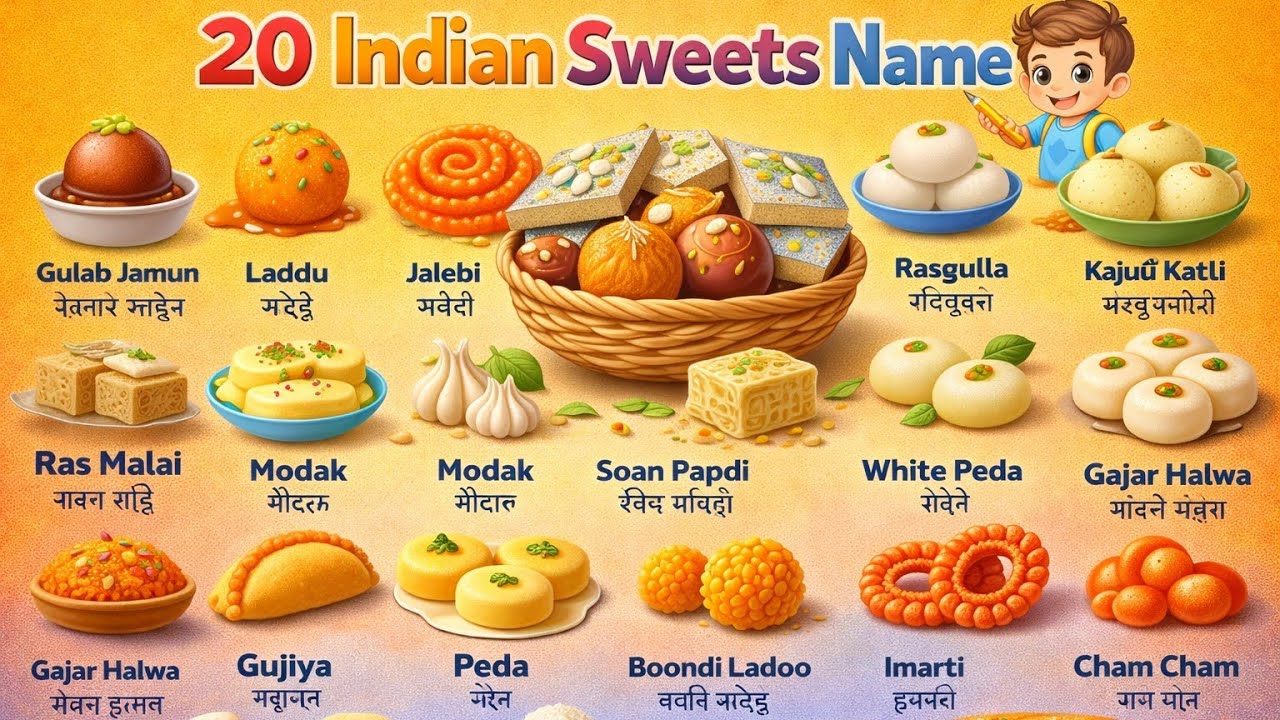 Indian Sweets Name for Kids 🍬 | English to Hindi Easy Learning
