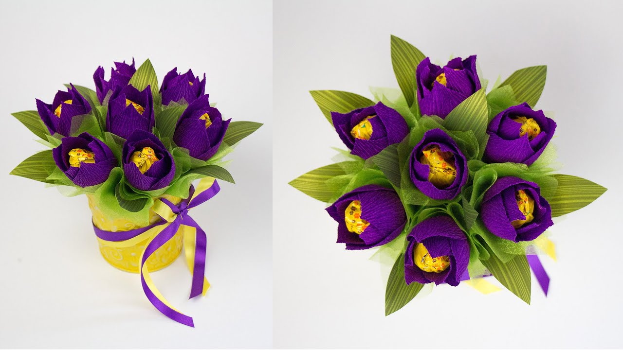 Мини Букет с тюльпанами из конфет. Поделки и подарки своими руками.