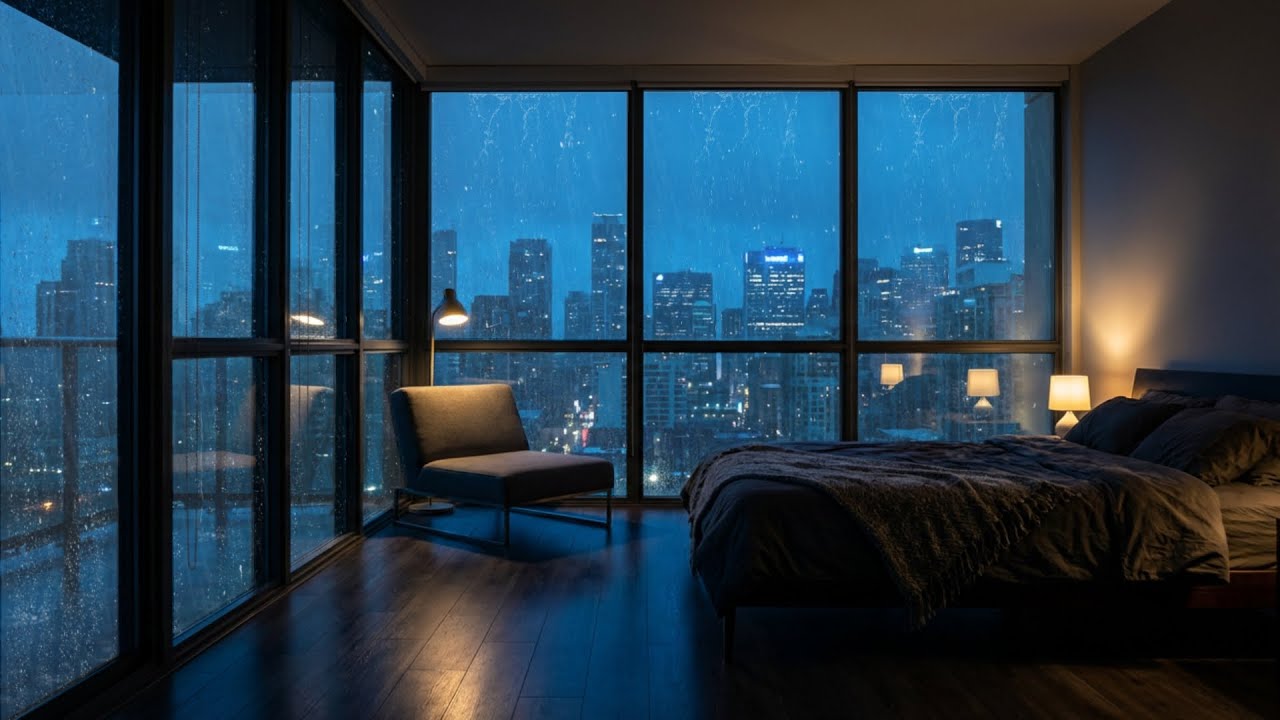 Rain Sound in The City View⛈️ Heavy Rain on Window for Deep Sleep | Relaxing Night Ambience