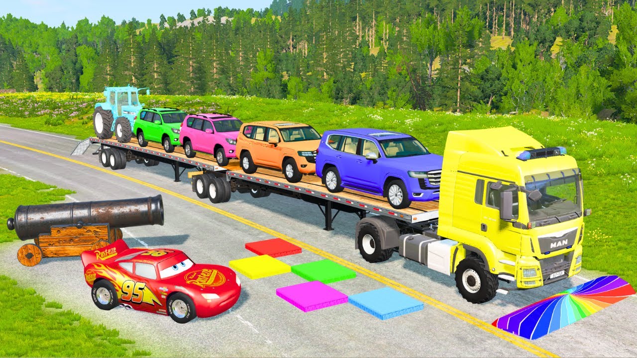 Flatbed Truck Mcqueen | Transportation with Truck - Pothole vs Car #158 - BeamNG.Drive