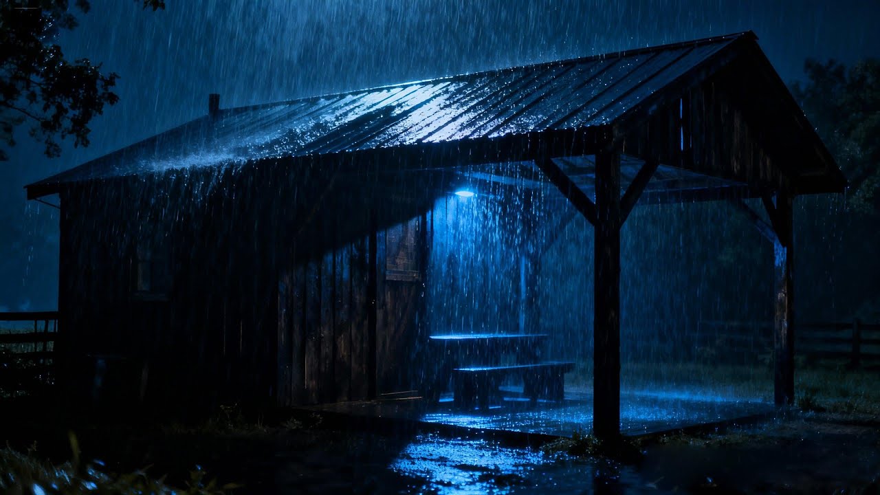Goodbye Insomnia with Heavy Rain & Thunder Growls on a Stale Tin Roof in Foggy Murky Forest at Nigh