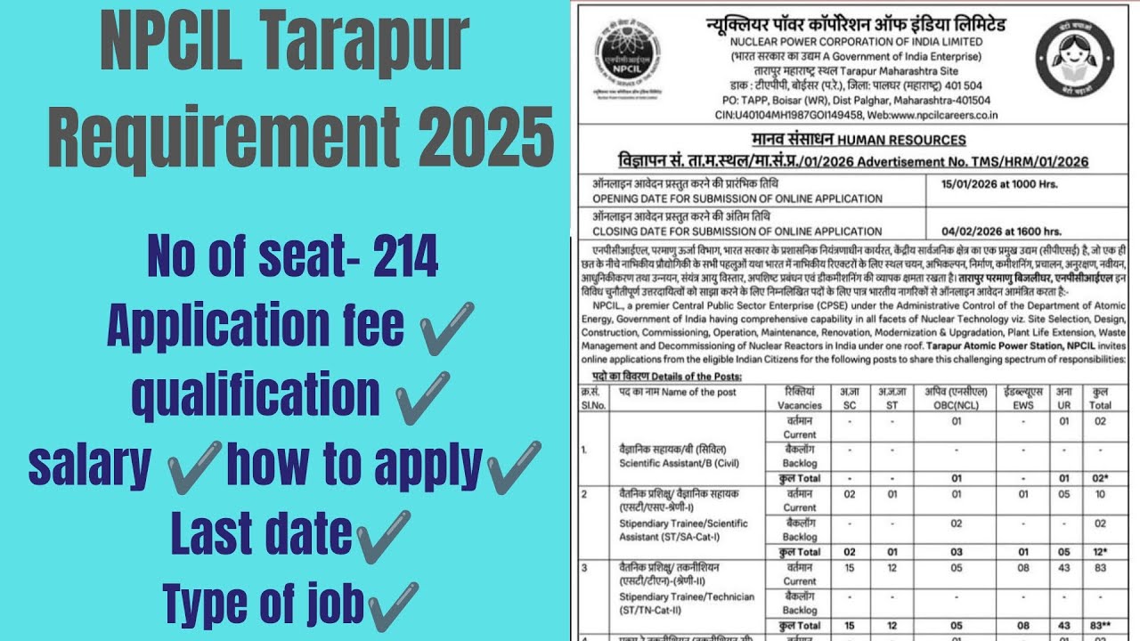 NPCIL Tarapur Requirement 2025, short notification details 