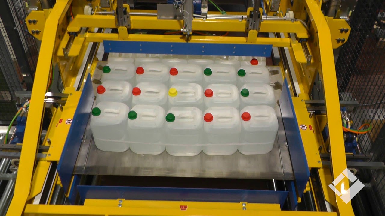 Meypack Palletiser PK120 for cannister palletzing with intermediate layers and layer strapping