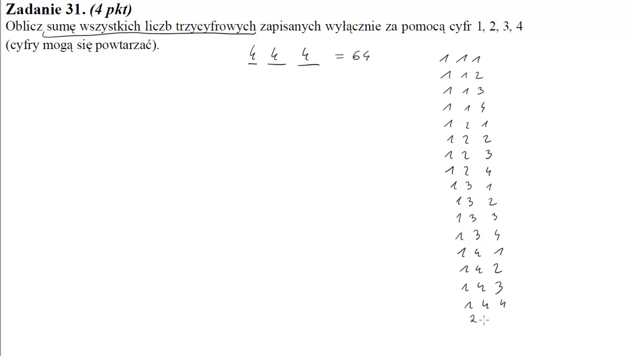 31 Oblicz sumę wszystkich liczb trzycyfrowych zapisanych wyłącznie za pomocą cyfr 1,2,3,4 cyfry mogą