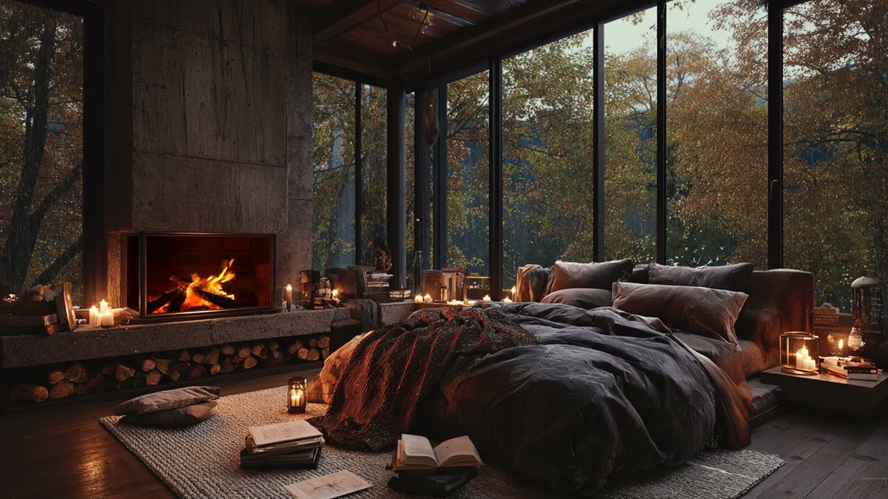 A Firelit Glass Retreat in Late Autumn Woods | Falling Leaves, Interior Glow & Deep Silence