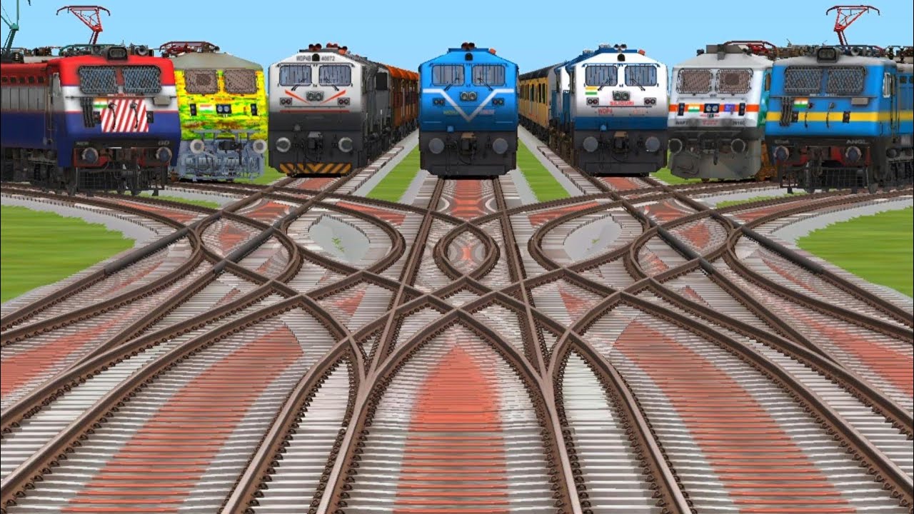 Railway stations  crossing by express route change running fast over bridge  electric train running 