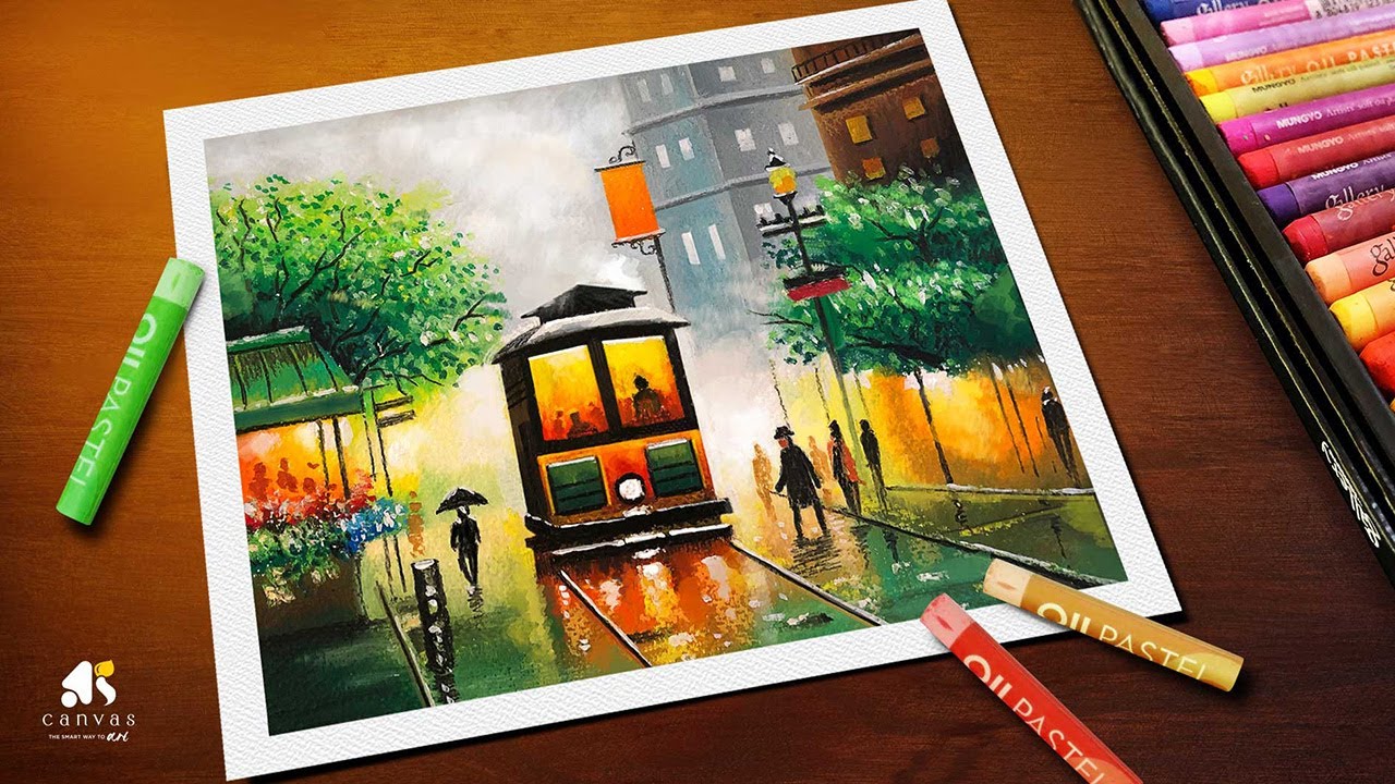 European city drawing with Oil Pastel for beginners | Step by step oil pastel drawing video