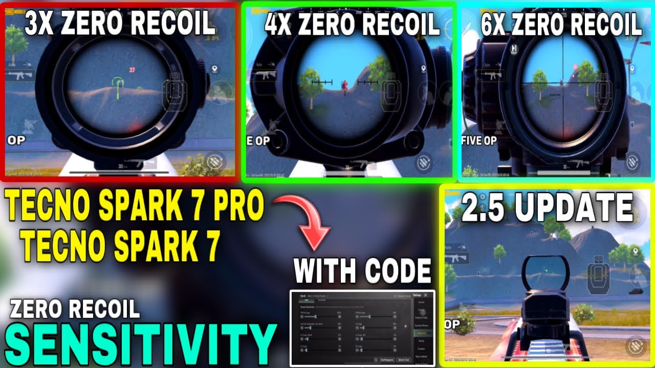 2.5 Update Legend Tecno Spark 7 + 7 Pro Zero Recoil 100% Working Sensitivity With Code | PUBG BGMI