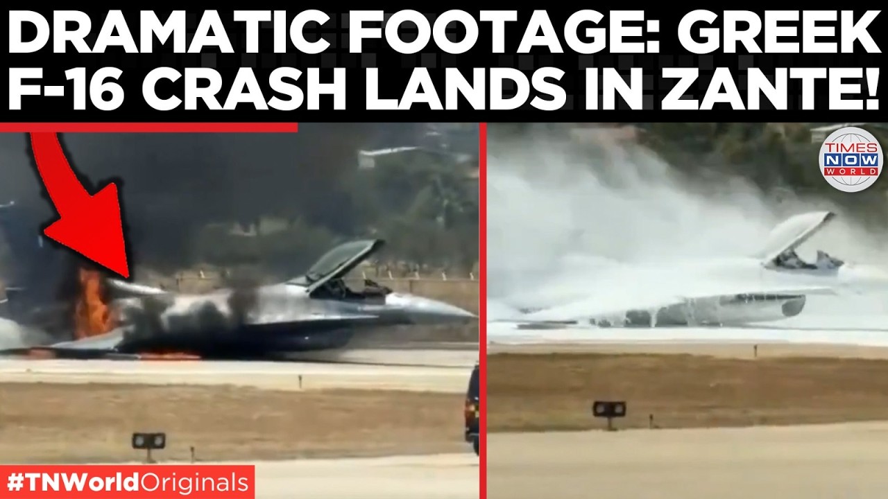 WATCH : Greek F-16 crashes on tourist airport runway after engine catches fire in mid-air!