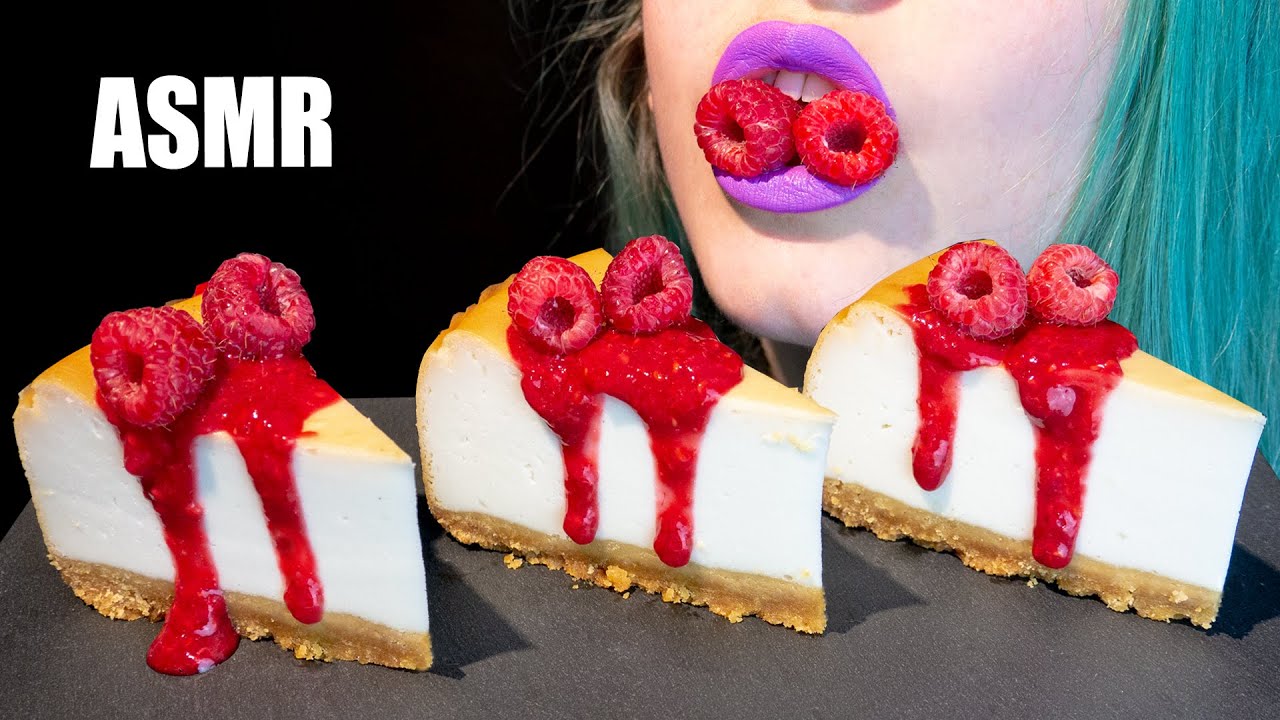 ASMR: NEW YORK CHEESECAKE w/ RASPBERRY SAUCE | Big Bites 🍰 ~ Relaxing Eating [No Talking|V] 😻