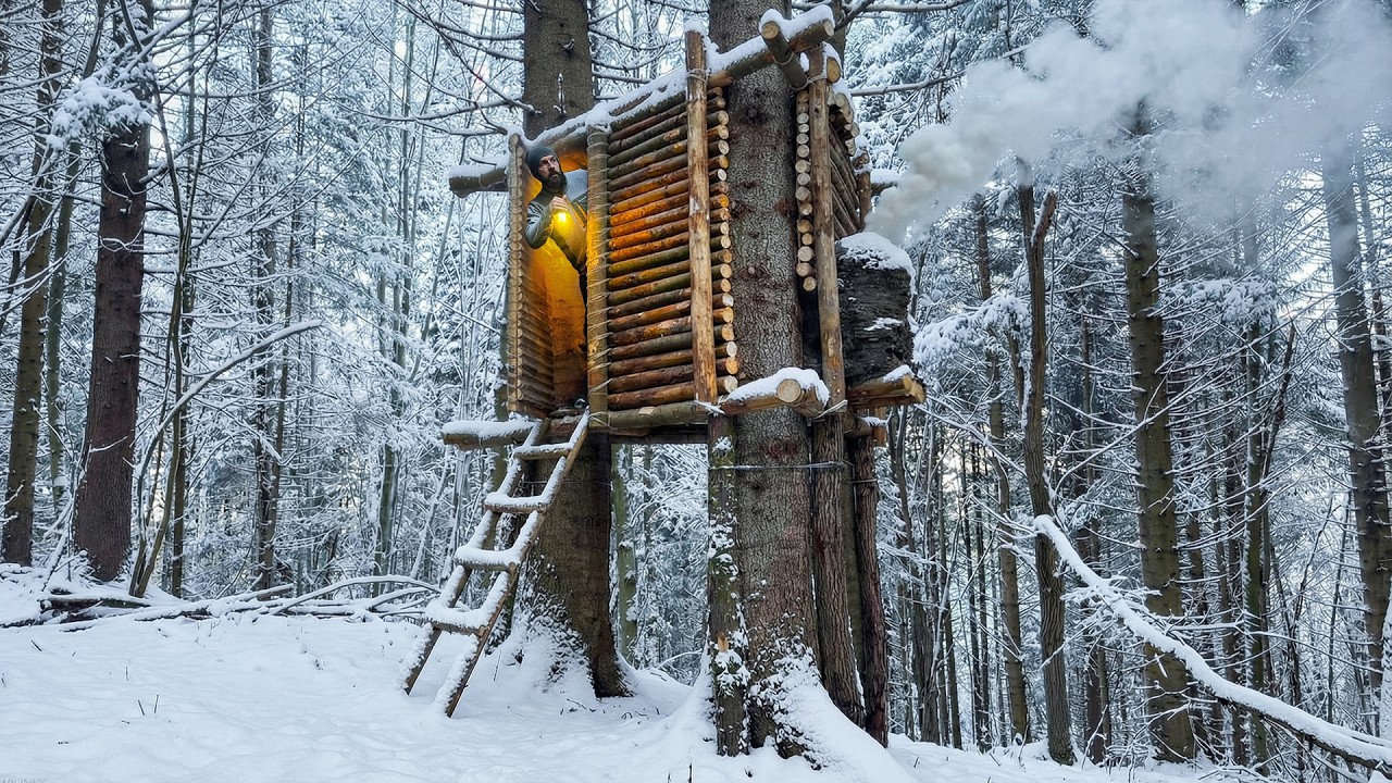 Elevated Tree Cabin Built in Bad Weather | Safe from Predators and Snow