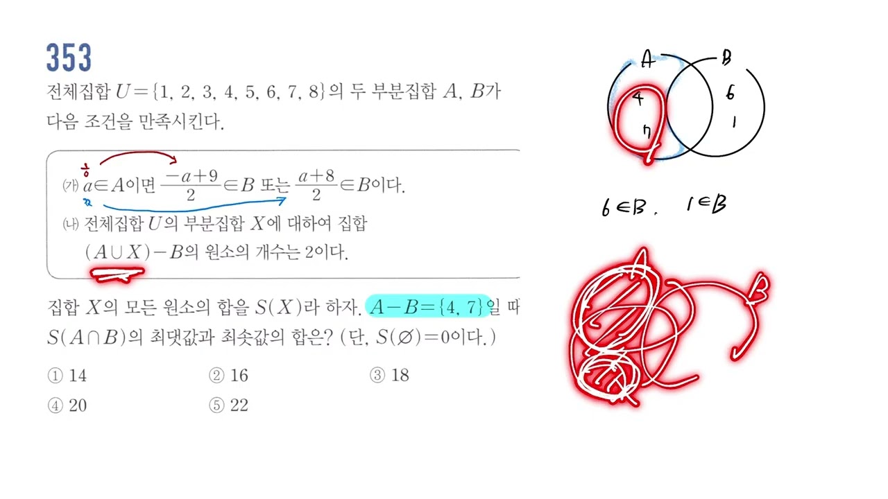 고쟁이 공통수학2 353번│집합│step3 내신 최상위권 굳히기를 위한 최고난도 유형