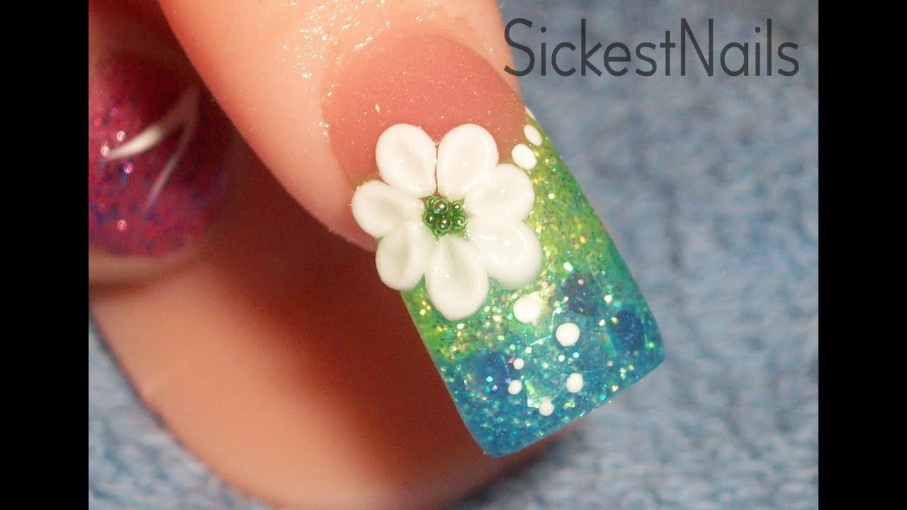 Acrylic Nail Design: Aqua Color Fade with 3d flower