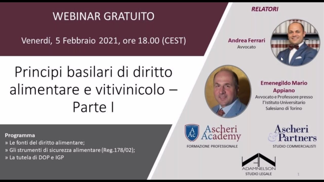 Webinar: Principi basilari di diritto alimentare e vitivinicolo - Parte I