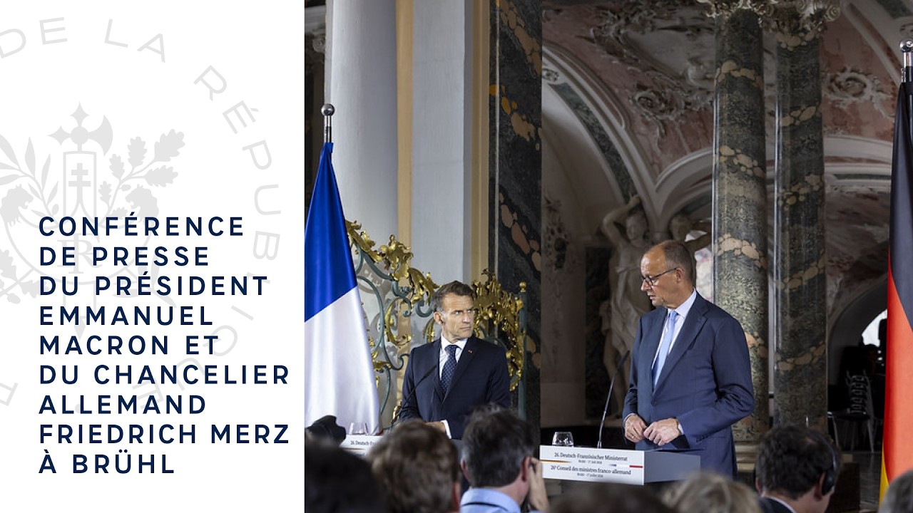 Press conference by President Emmanuel Macron and German Chancellor Friedrich Merz in Br&uuml;hl.