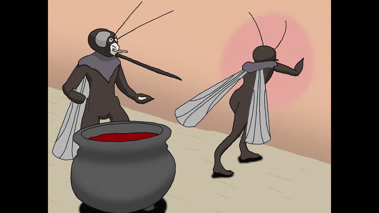 Two mosquitos talk about their cosmic horror, a human...