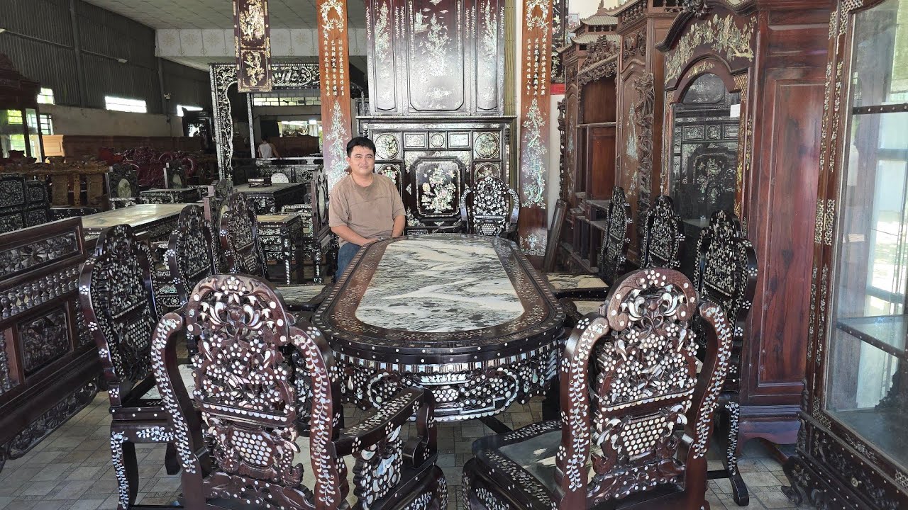 Bộ bàn ăn bầu 10 ghế xưa, bộ bàn ghế trung đường, tủ thờ miền Tây gỗ cẩm lai, tranh gỗ trắc 16/06