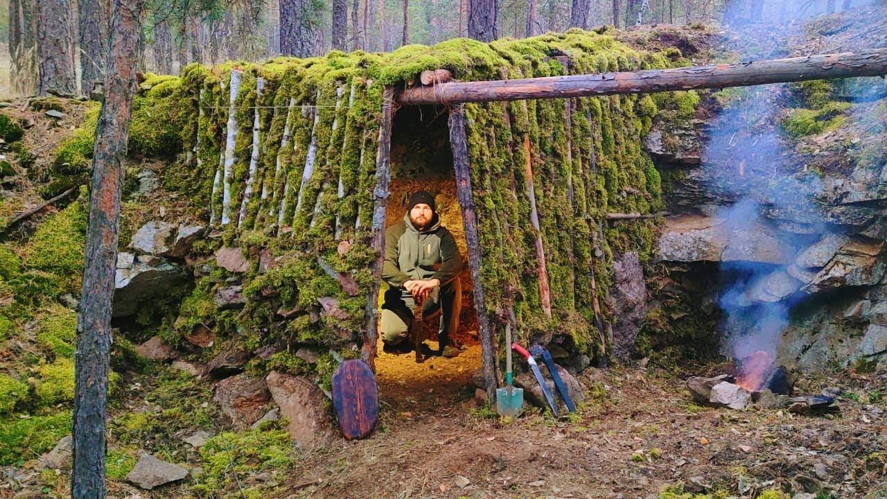 Stone Shelter Covered in Moss | I Spent 24 Hours Inside
