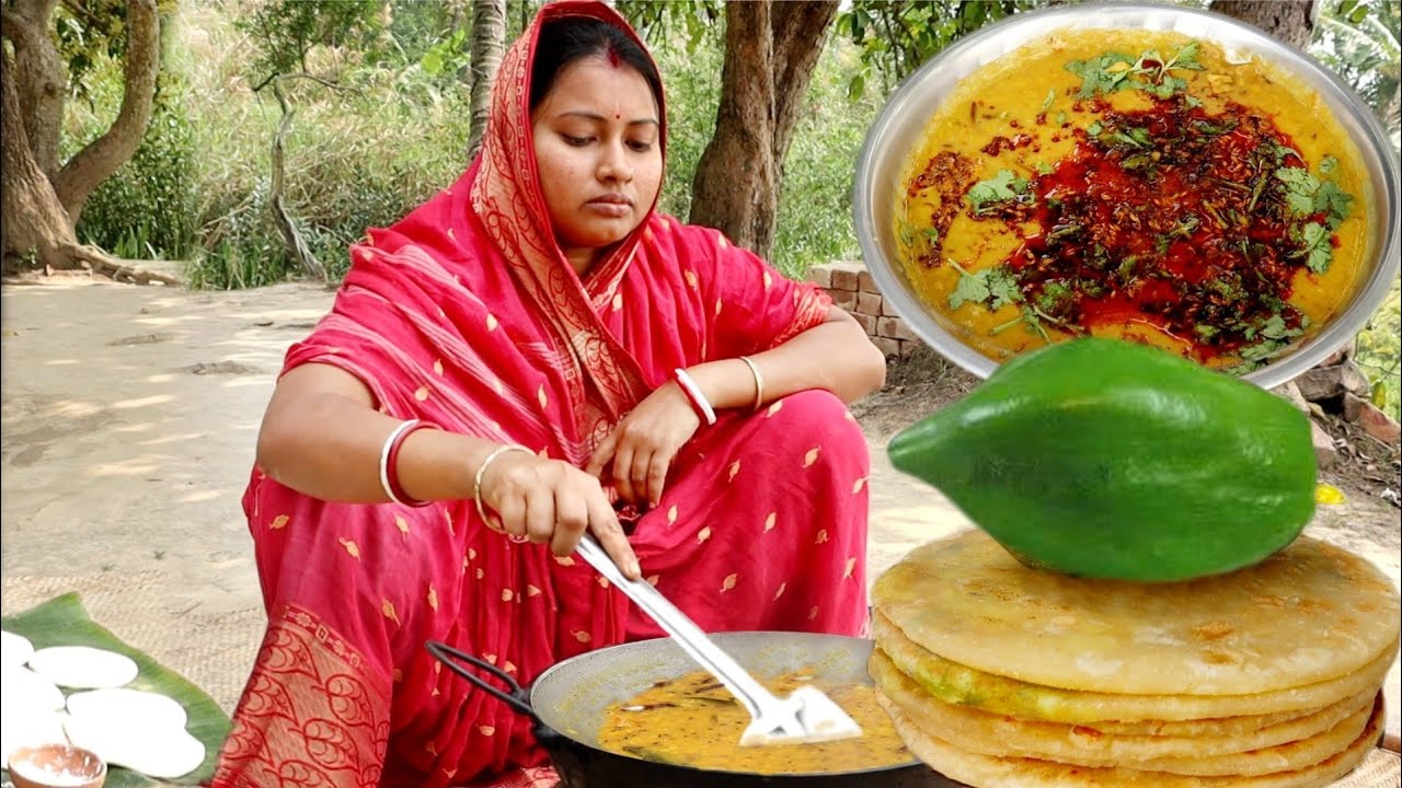 সকালের জলখাবার !! স্বাস্থ্যকর পেঁপের পরোটা আর ছোলার ডাল ফ্রাই ||Papaya Stuffed Paratha||Dal Fry