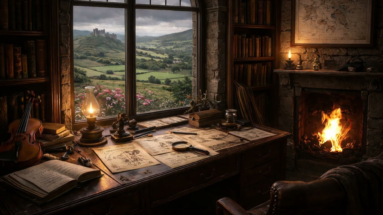 Sherlock’s Spring Study 🔍🌿 | Fireplace & English Countryside View | Young Sherlock Holmes Ambience