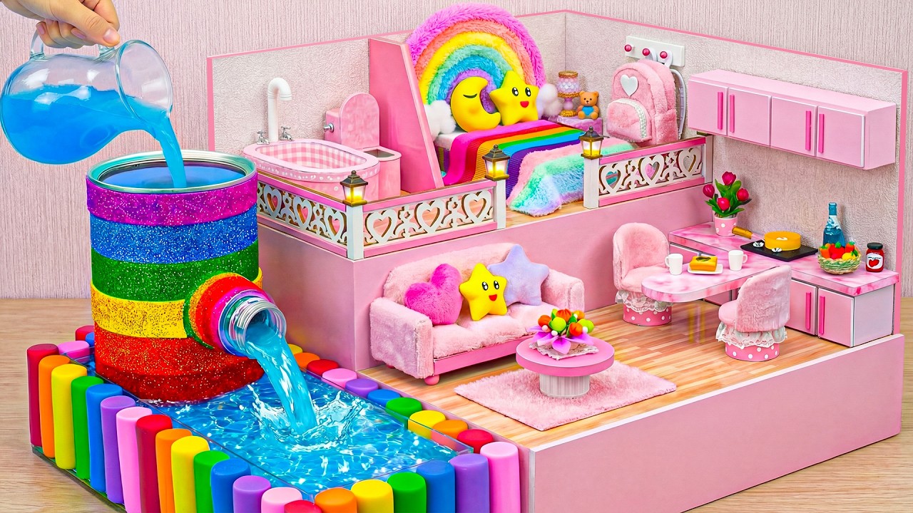 Build Pink Mini House Powered by Giant Rainbow Water Tank for Happy Family ❤️ | DIY Miniature House