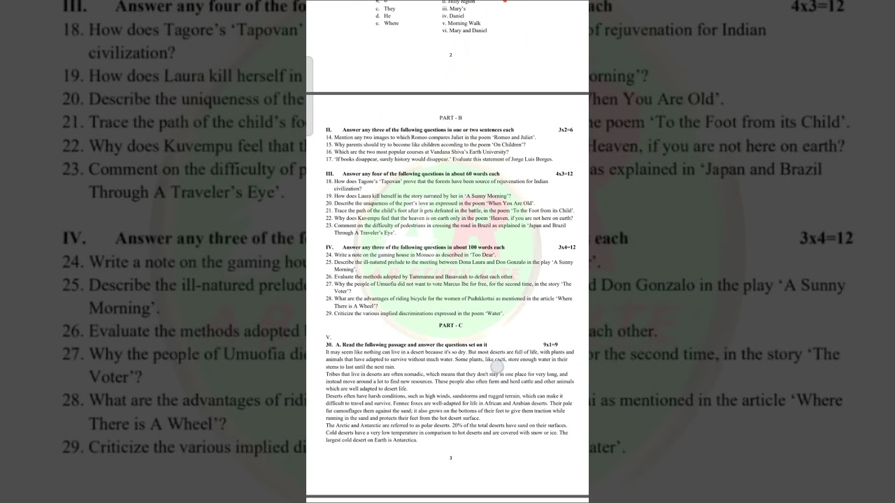 💥2nd PUC ENGLISH PREVIOUS YEAR MODEL QUESTION PAPER 3 || #puc #viral #english