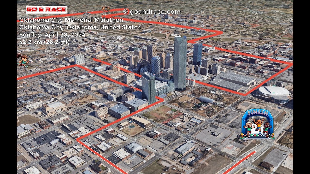 Oklahoma City Memorial Marathon (2024): fly over the marathon course! Video of the race path.